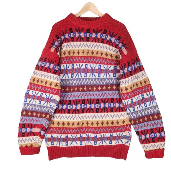 Vintage Nordic Tunic Sweater Women's Medium Red Wool Fair Isle Handmade Christma - Picture 1 of 10